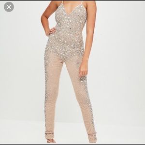 Carli Bybel x misguided nude embellished jumpsuit
